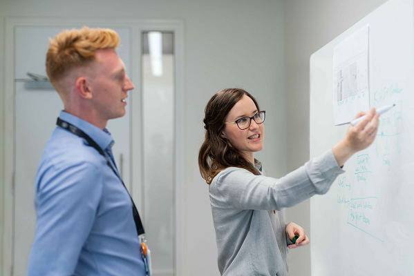 Manager reviewing features of environmental bids